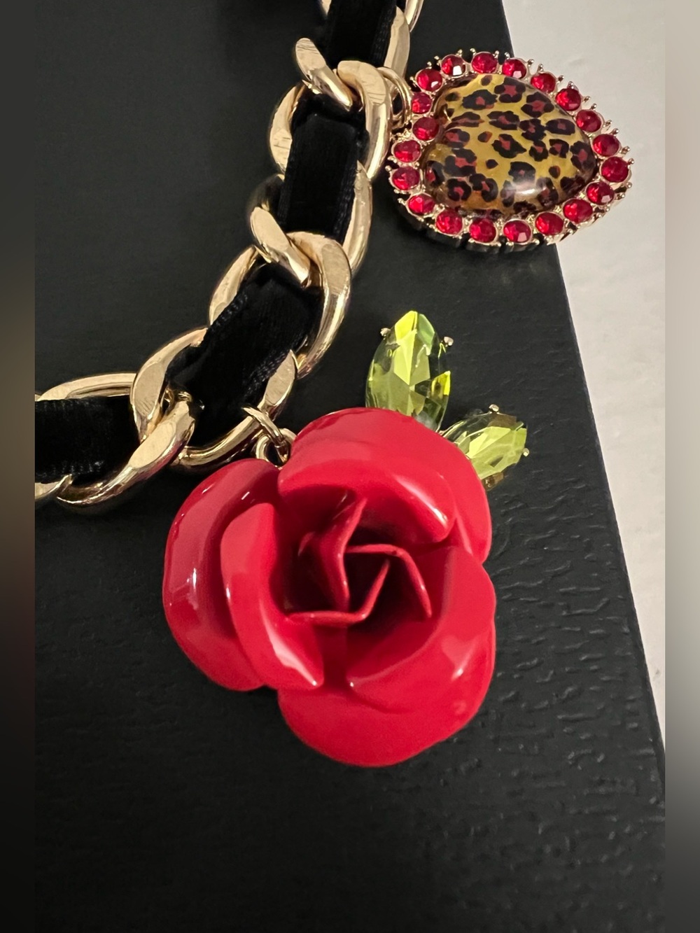 Betsey Johnson Gold-Tone Chain Necklace with Red Roses and Leopard Heart - Picture 8 of 16